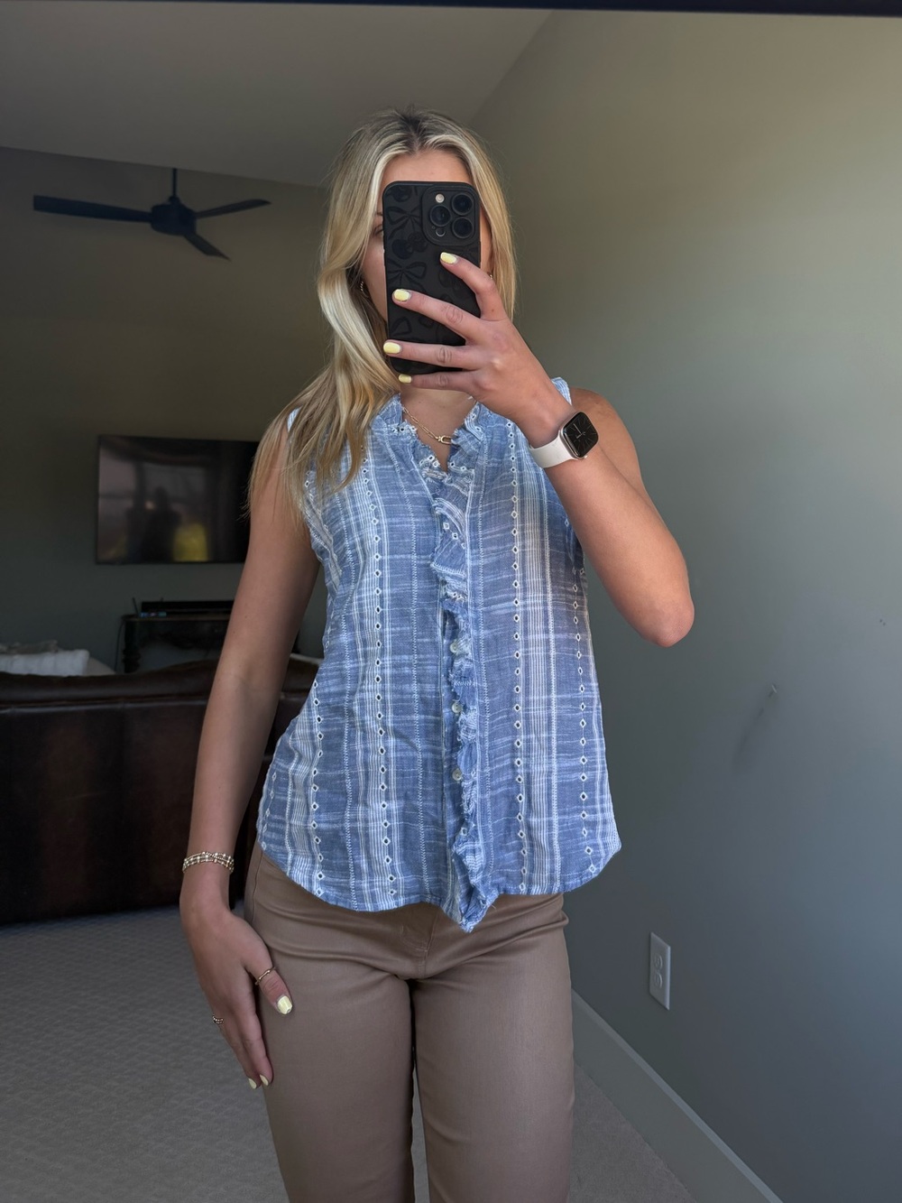 dylan Light Blue Striped Ruffle-Front Sleeveless Top